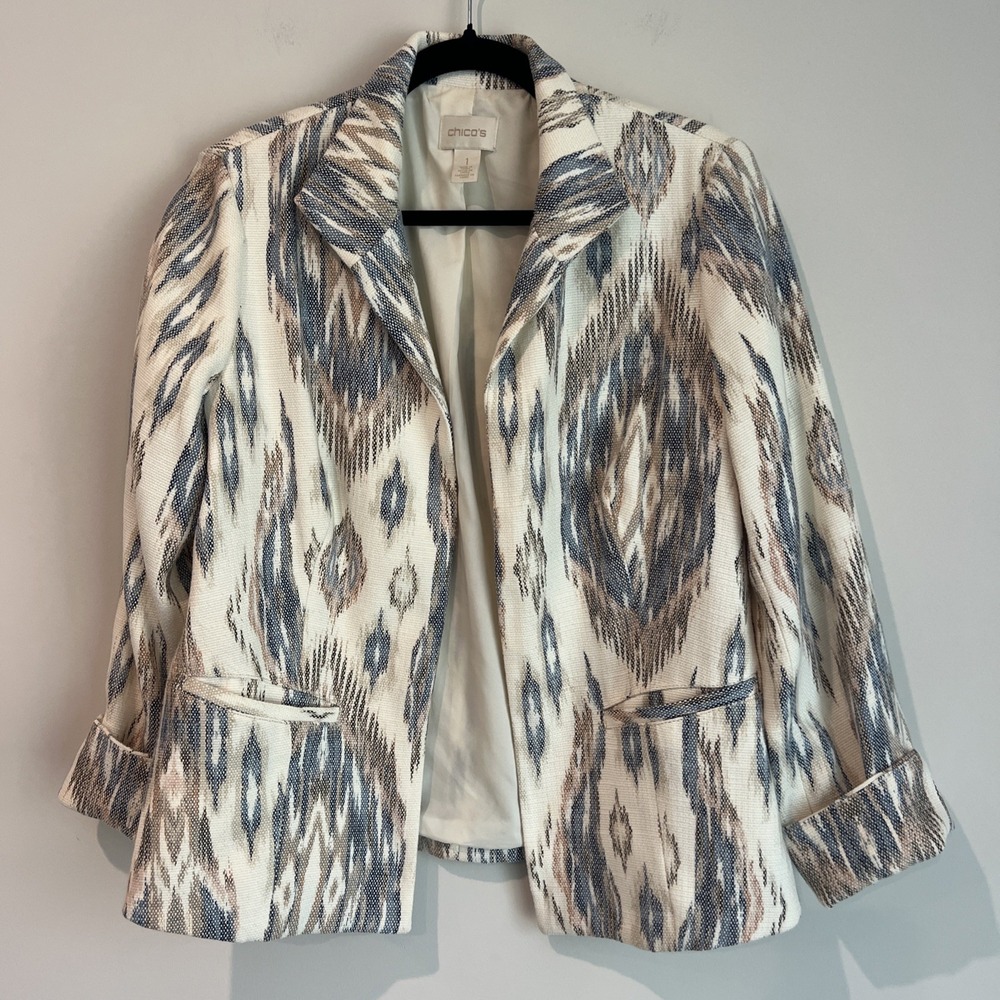 Chico's Ikat Southwest Aztec Open Jacket Blazer Size 1 (M) Cream Blue Textured